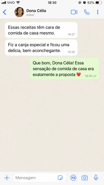 Depoimento de cliente no WhatsApp